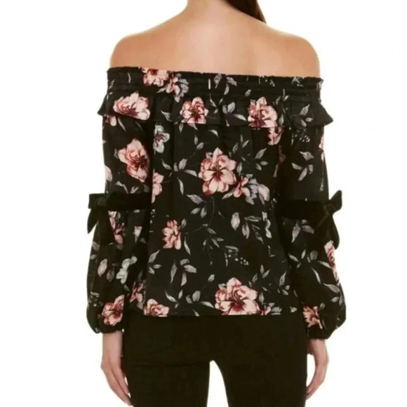 MISA Los Angeles Belva Blouse Off the Shoulder Black Velvet Bow Floral Satin - Picture 3 of 15
